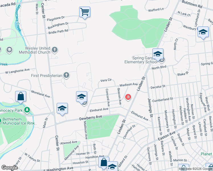 map of restaurants, bars, coffee shops, grocery stores, and more near 537 Vera Circle in Bethlehem