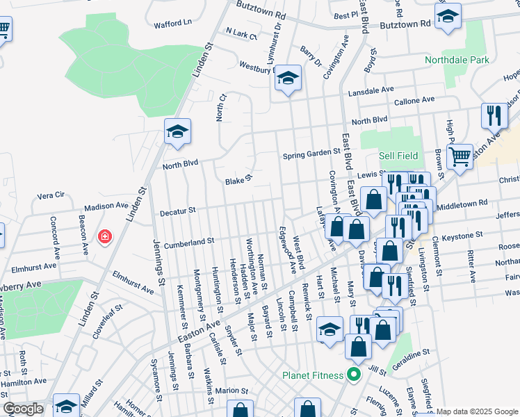 map of restaurants, bars, coffee shops, grocery stores, and more near 2239 Lincoln Street in Bethlehem