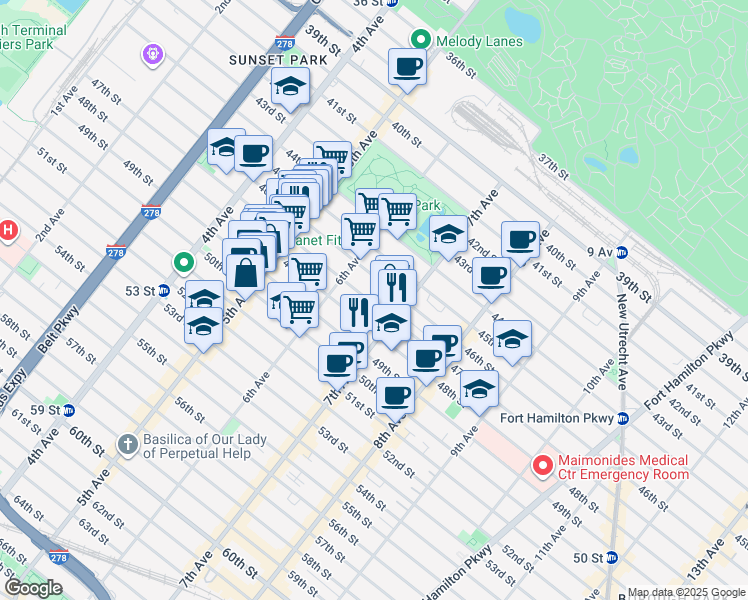 map of restaurants, bars, coffee shops, grocery stores, and more near 614 46th Street in Brooklyn
