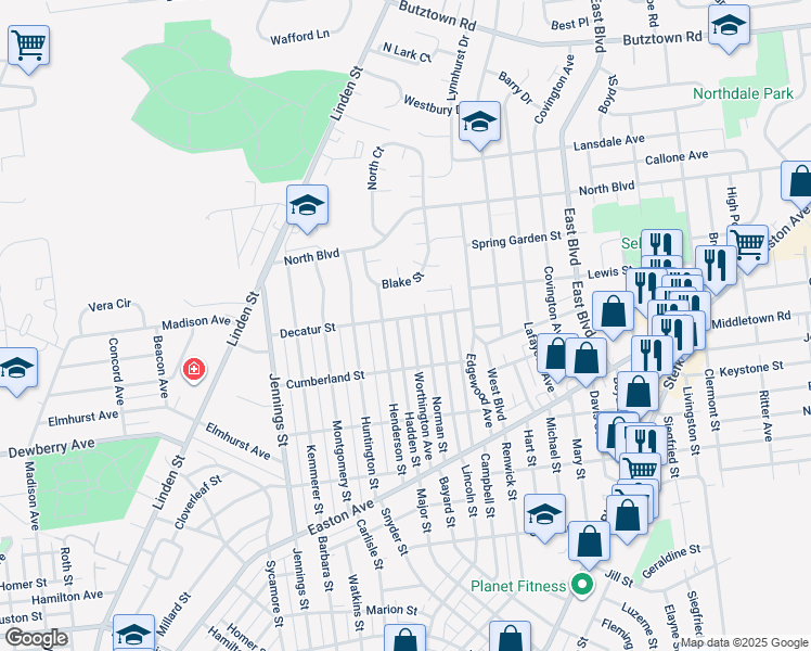 map of restaurants, bars, coffee shops, grocery stores, and more near 2245 Worthington Avenue in Bethlehem