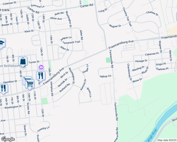 map of restaurants, bars, coffee shops, grocery stores, and more near 4104 Ginger Lane in Bethlehem