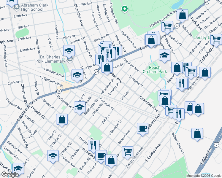 map of restaurants, bars, coffee shops, grocery stores, and more near 1160 Middlesex Street in Linden