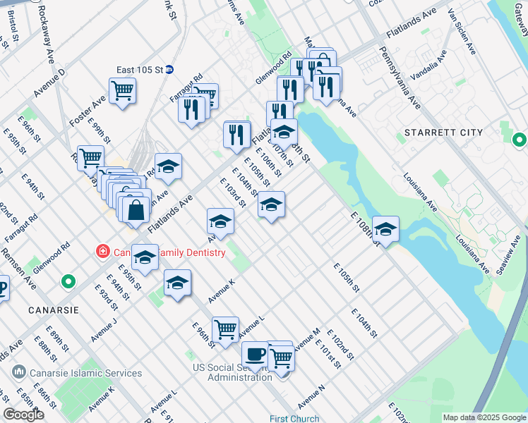 map of restaurants, bars, coffee shops, grocery stores, and more near 1006 East 105th Street in Brooklyn