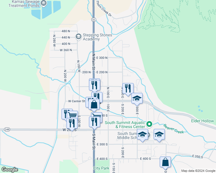 map of restaurants, bars, coffee shops, grocery stores, and more near 246 East 100 North in Kamas
