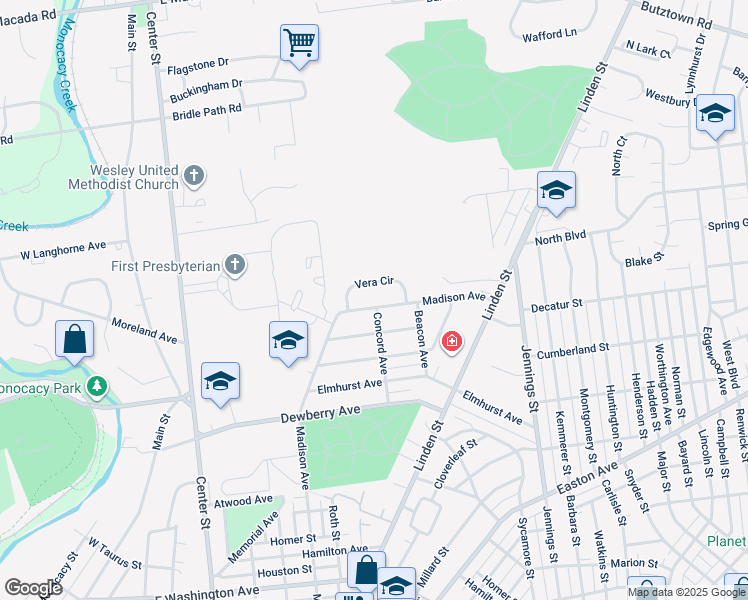 map of restaurants, bars, coffee shops, grocery stores, and more near 2475 Madison Avenue in Bethlehem