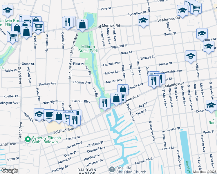 map of restaurants, bars, coffee shops, grocery stores, and more near 68 Morton Avenue in Freeport