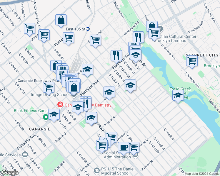 map of restaurants, bars, coffee shops, grocery stores, and more near 935 East 102nd Street in Brooklyn