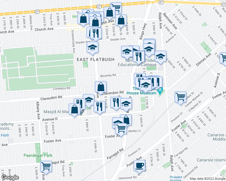 map of restaurants, bars, coffee shops, grocery stores, and more near 615 East 52nd Street in Brooklyn