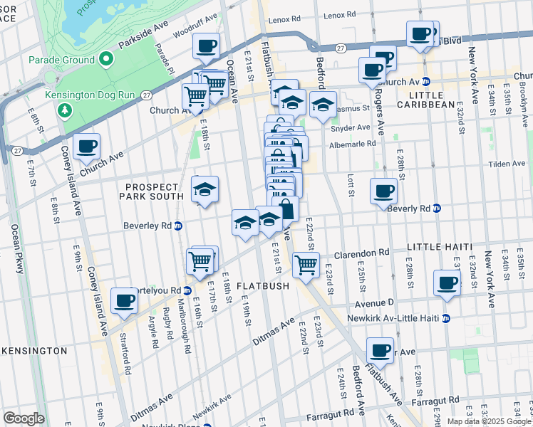 map of restaurants, bars, coffee shops, grocery stores, and more near 365 East 21st Street in Brooklyn