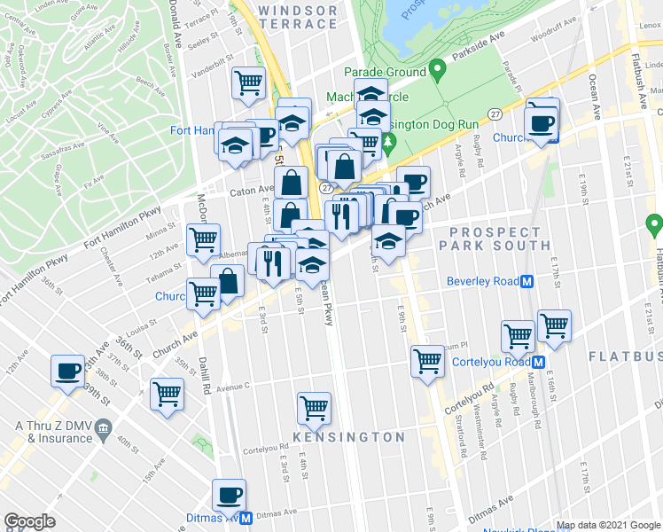 map of restaurants, bars, coffee shops, grocery stores, and more near 201 Ocean Parkway Service Road in Brooklyn