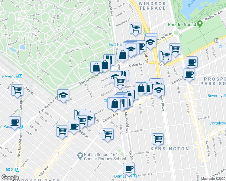 map of restaurants, bars, coffee shops, grocery stores, and more near 1725 12th Avenue in Brooklyn