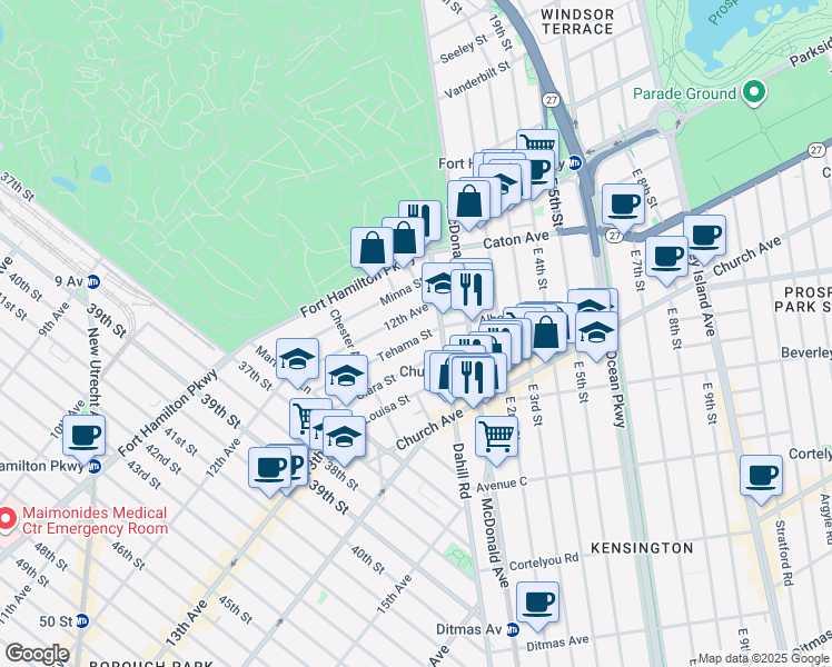 map of restaurants, bars, coffee shops, grocery stores, and more near 1725 12th Avenue in Brooklyn