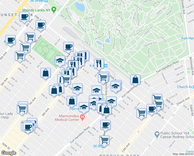 map of restaurants, bars, coffee shops, grocery stores, and more near 874 40th Street in Brooklyn