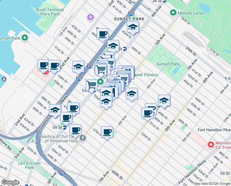 map of restaurants, bars, coffee shops, grocery stores, and more near 450 50th Street in Brooklyn