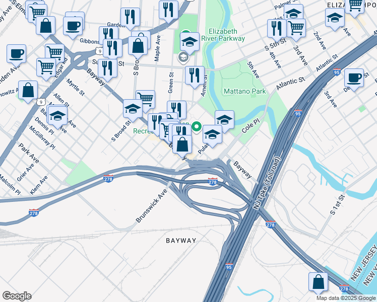 map of restaurants, bars, coffee shops, grocery stores, and more near 521 Richmond Street in Elizabeth