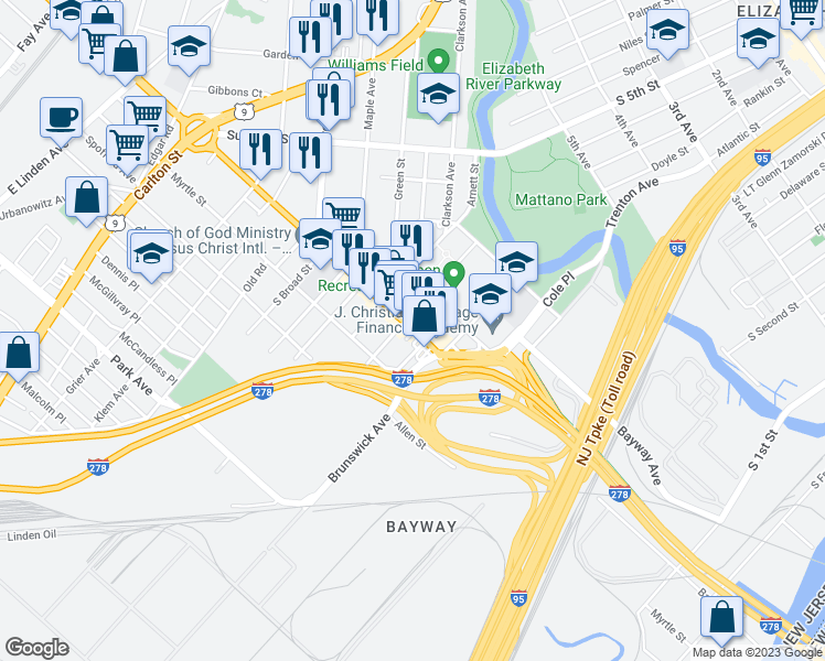 map of restaurants, bars, coffee shops, grocery stores, and more near 542 Richmond Street in Elizabeth