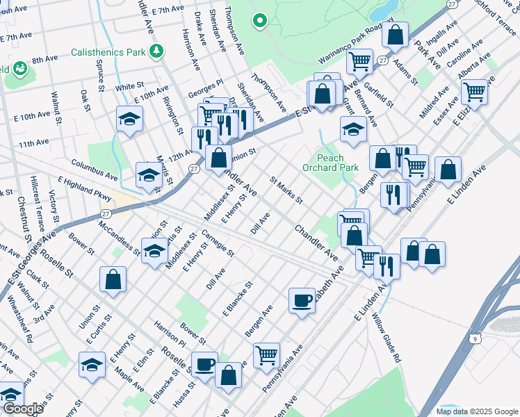 map of restaurants, bars, coffee shops, grocery stores, and more near 804 Chandler Avenue in Linden