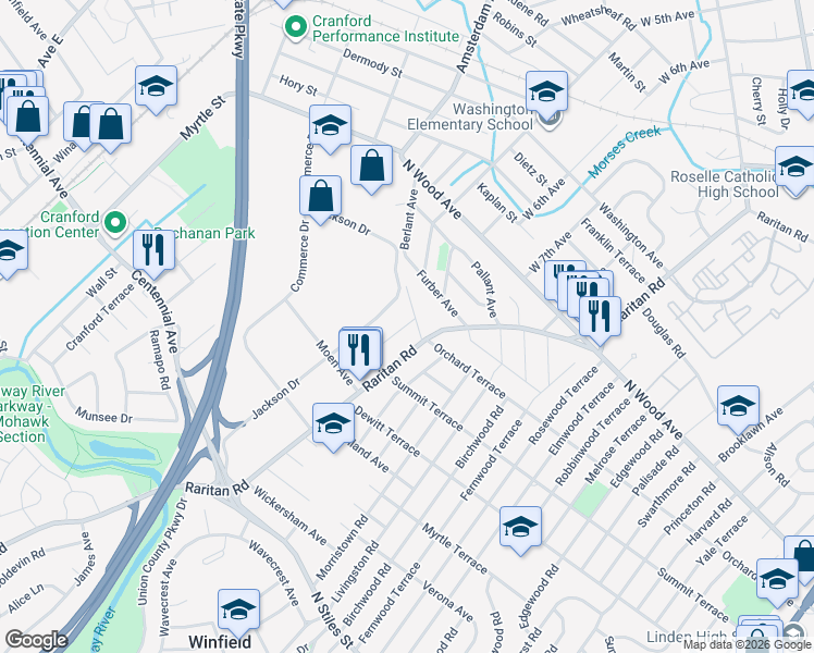 map of restaurants, bars, coffee shops, grocery stores, and more near 50 Jackson Drive in Cranford