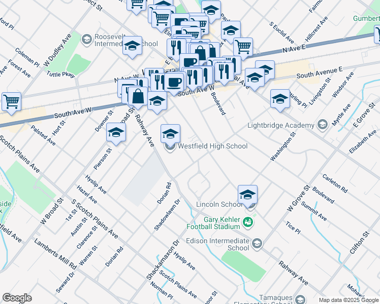 map of restaurants, bars, coffee shops, grocery stores, and more near 566 Westfield Avenue in Westfield