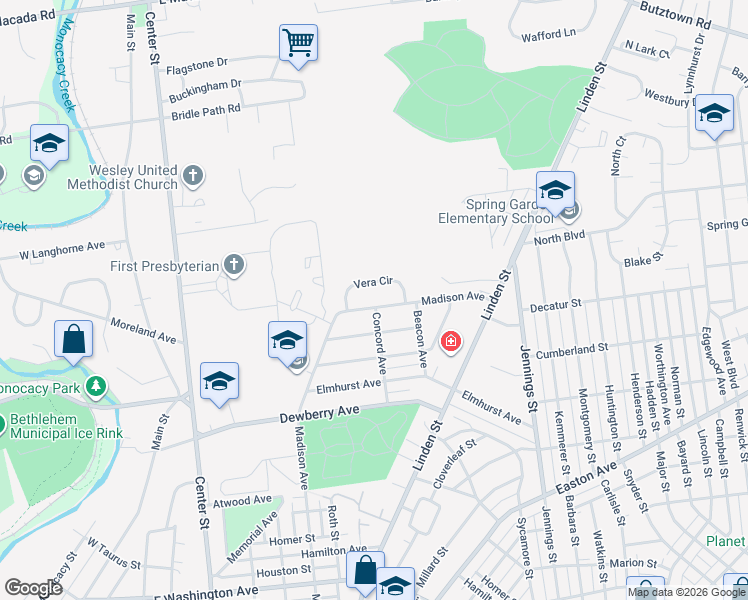 map of restaurants, bars, coffee shops, grocery stores, and more near 537 Vera Circle in Bethlehem