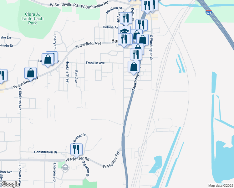 map of restaurants, bars, coffee shops, grocery stores, and more near 6310 Jefferson Street in Bartonville