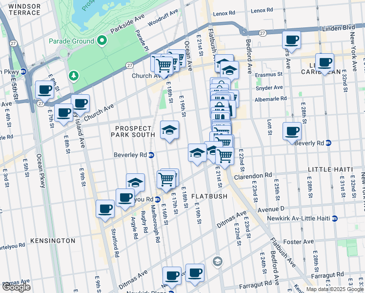 map of restaurants, bars, coffee shops, grocery stores, and more near 229 East 18th Street in Brooklyn