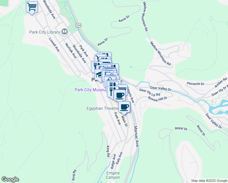 map of restaurants, bars, coffee shops, grocery stores, and more near 580 Main Street in Park City