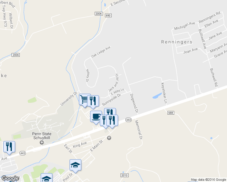 map of restaurants, bars, coffee shops, grocery stores, and more near 15 East Abby Lane in Schuylkill Haven
