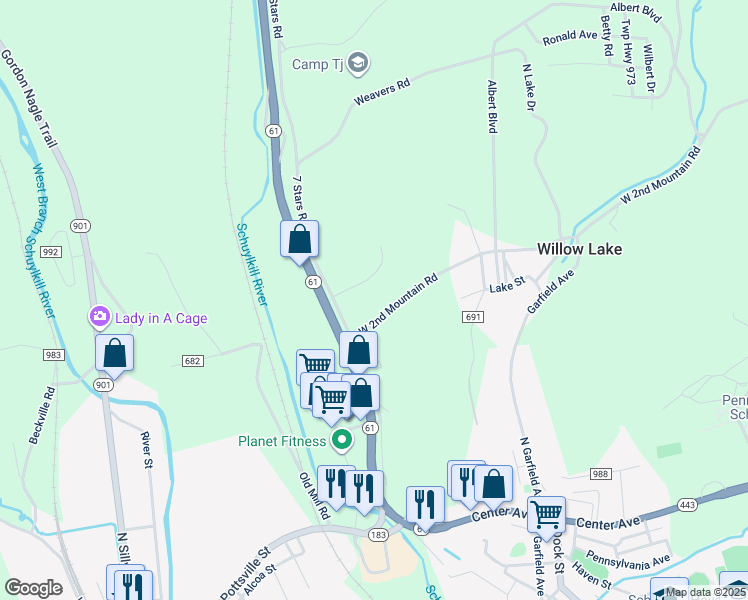 map of restaurants, bars, coffee shops, grocery stores, and more near 7 Stars Road in Pottsville