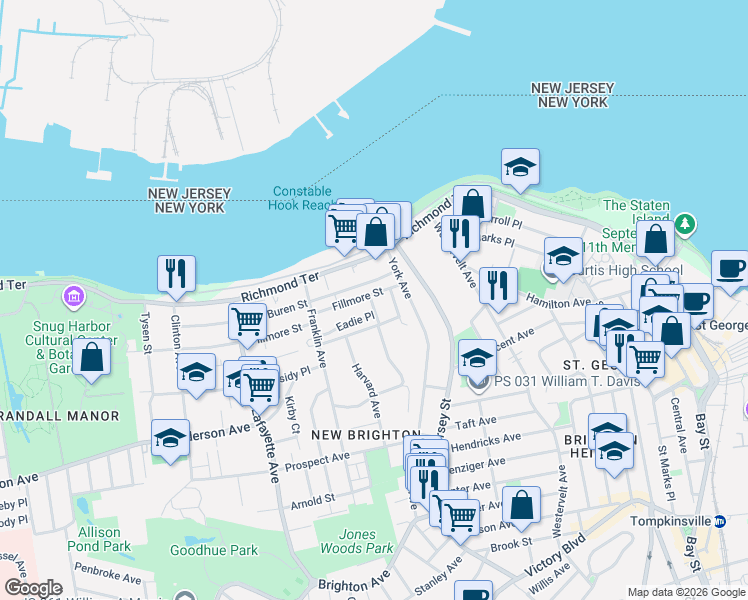 map of restaurants, bars, coffee shops, grocery stores, and more near 18 Van Buren Street in Staten Island