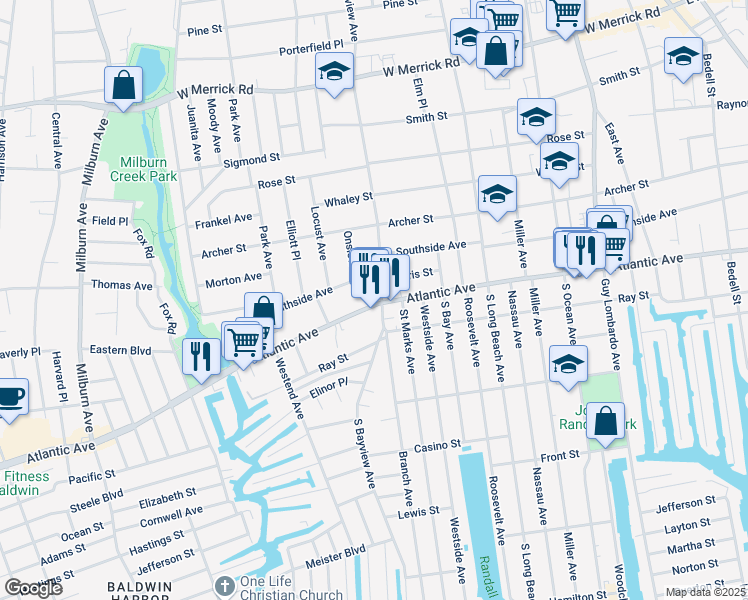 map of restaurants, bars, coffee shops, grocery stores, and more near 336 South Bayview Avenue in Freeport