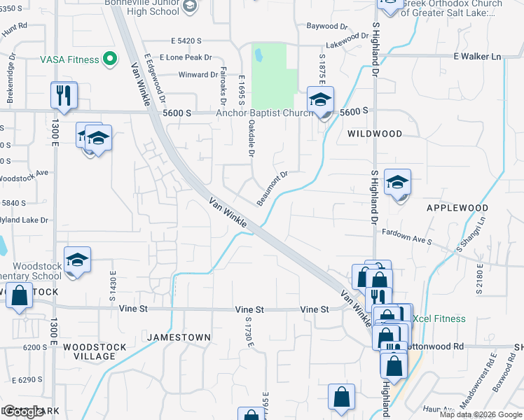 map of restaurants, bars, coffee shops, grocery stores, and more near 5831 Beaumont Drive in Holladay