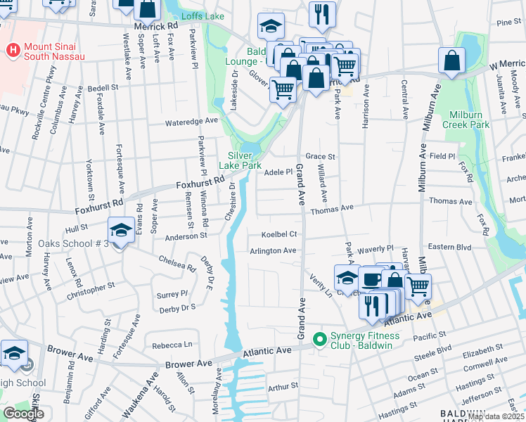 map of restaurants, bars, coffee shops, grocery stores, and more near 665 Thomas Avenue in Baldwin