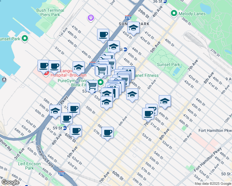 map of restaurants, bars, coffee shops, grocery stores, and more near 450 50th Street in Brooklyn