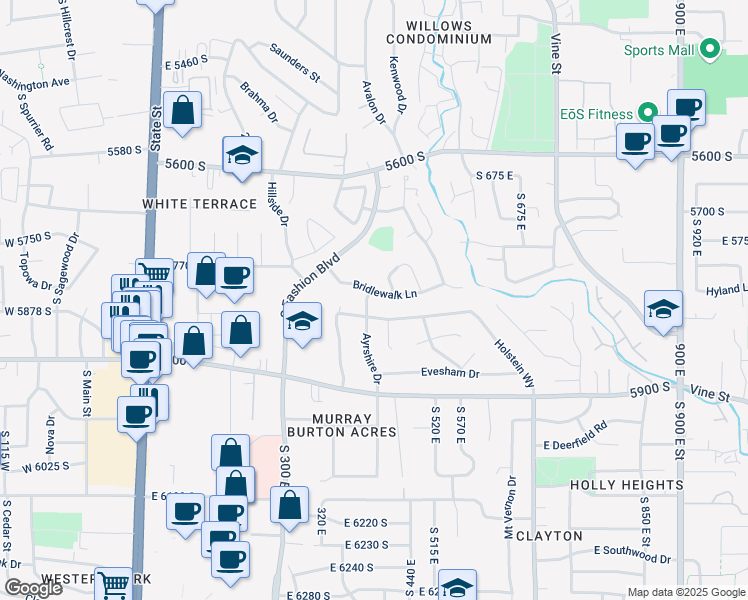map of restaurants, bars, coffee shops, grocery stores, and more near 418 Bridlewalk Lane in Murray