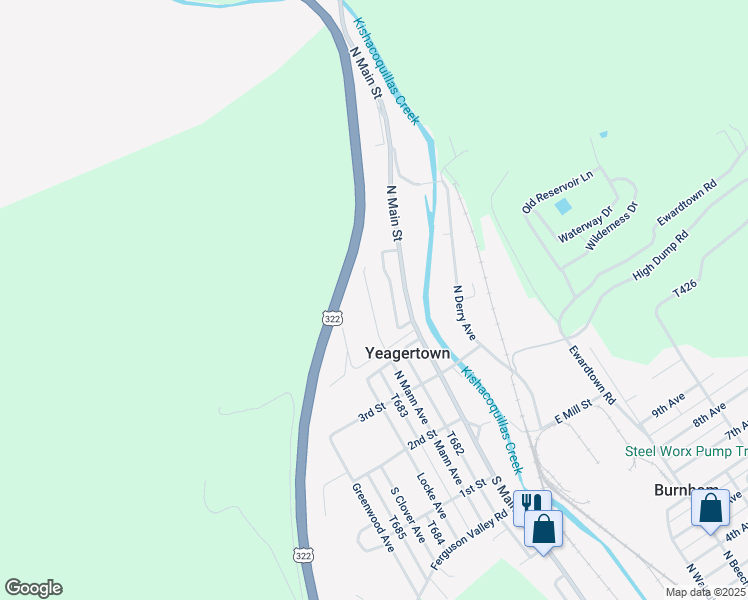 map of restaurants, bars, coffee shops, grocery stores, and more near 215 North Mann Avenue Extension in Yeagertown