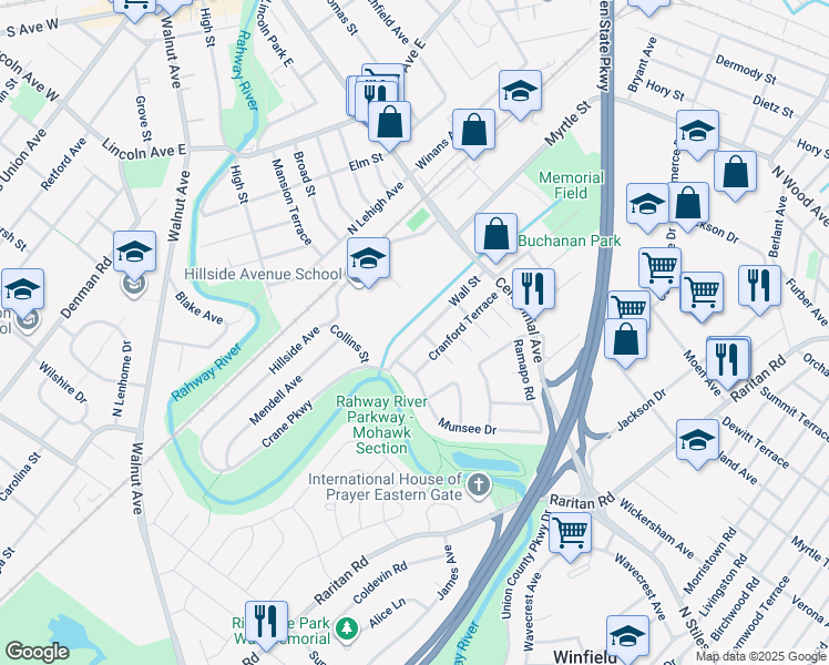 map of restaurants, bars, coffee shops, grocery stores, and more near 46 Wall Street in Cranford