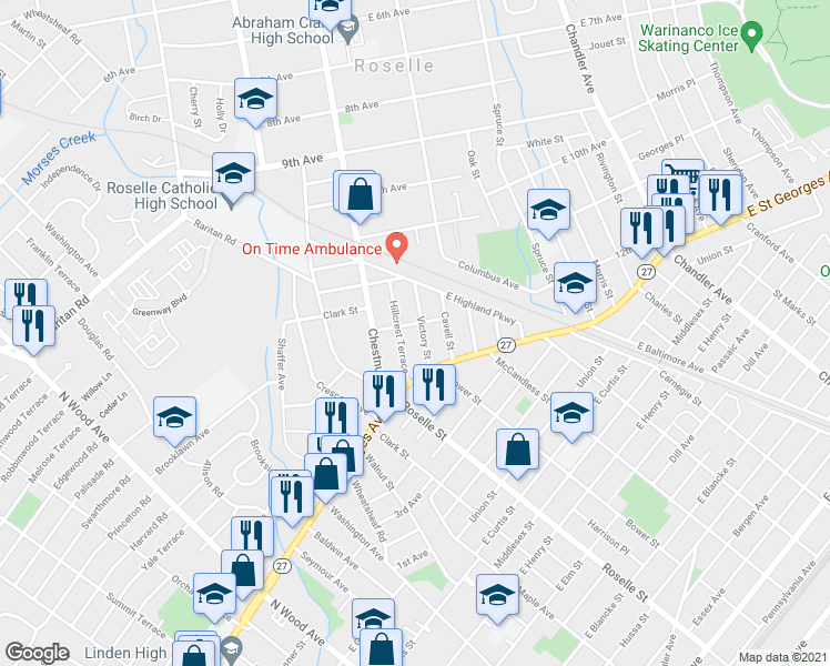 map of restaurants, bars, coffee shops, grocery stores, and more near 125 Hillcrest Terrace in Roselle