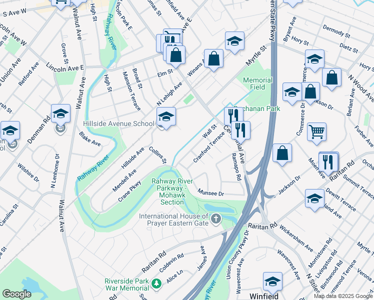 map of restaurants, bars, coffee shops, grocery stores, and more near 46 Wall Street in Cranford