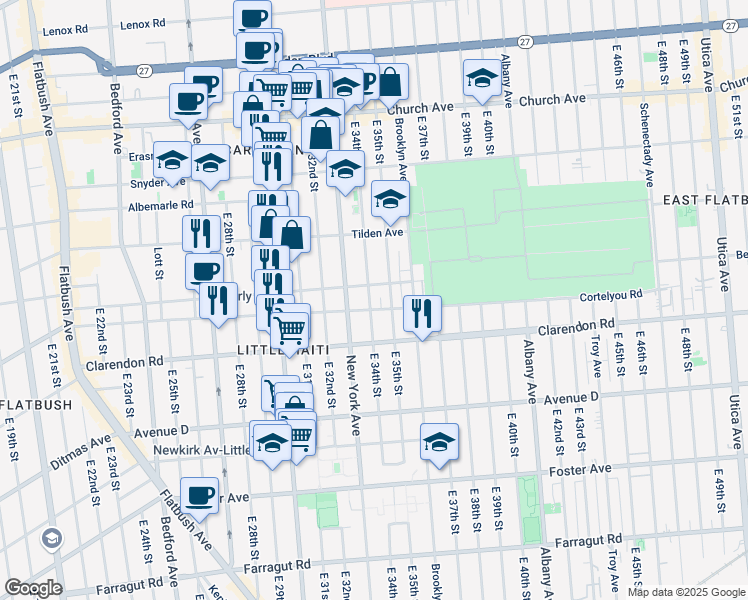 map of restaurants, bars, coffee shops, grocery stores, and more near 483 East 34th Street in Brooklyn