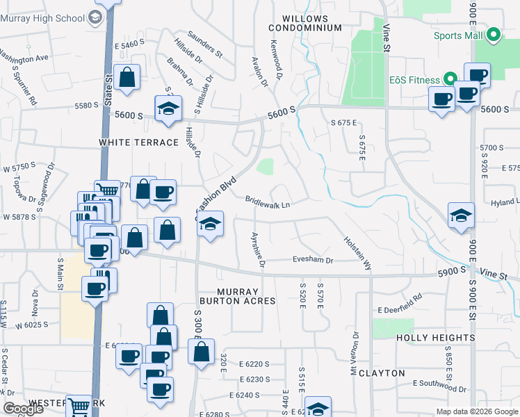 map of restaurants, bars, coffee shops, grocery stores, and more near 418 Bridlewalk Lane in Murray