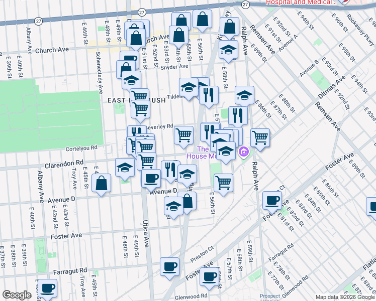 map of restaurants, bars, coffee shops, grocery stores, and more near 5401 Clarendon Road in Brooklyn
