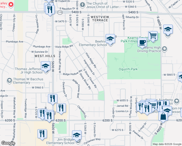 map of restaurants, bars, coffee shops, grocery stores, and more near 5814 Impressions Drive in Kearns