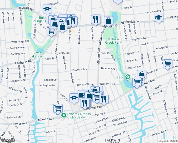 map of restaurants, bars, coffee shops, grocery stores, and more near 977 Thomas Avenue in Baldwin
