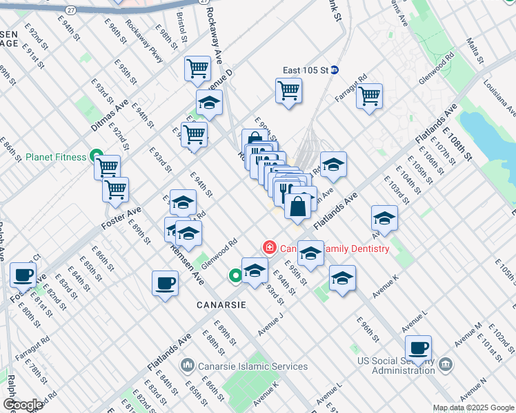 map of restaurants, bars, coffee shops, grocery stores, and more near 1041 East 96th Street in Brooklyn
