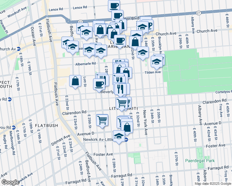 map of restaurants, bars, coffee shops, grocery stores, and more near 159 East 29th Street in Brooklyn