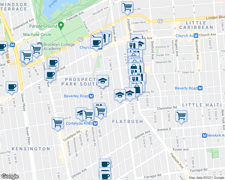 map of restaurants, bars, coffee shops, grocery stores, and more near 229 East 18th Street in Brooklyn