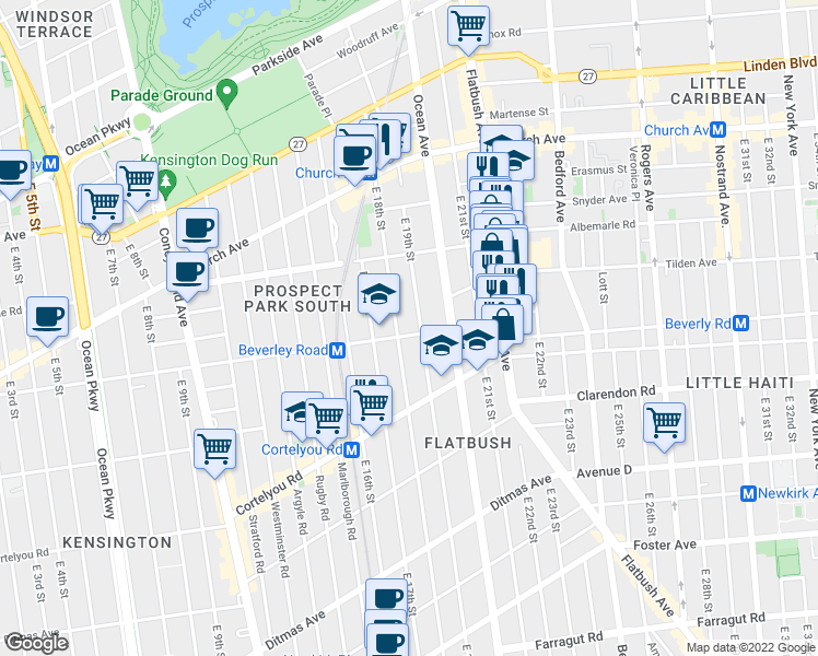 map of restaurants, bars, coffee shops, grocery stores, and more near 229 East 18th Street in Brooklyn