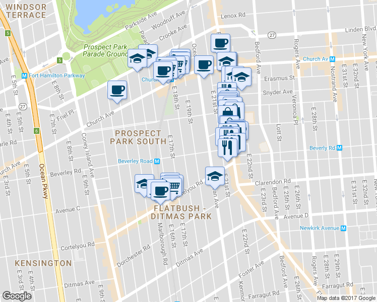 map of restaurants, bars, coffee shops, grocery stores, and more near 229 East 18th Street in Brooklyn