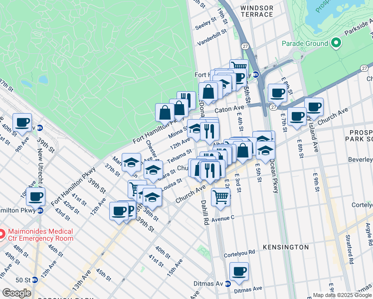 map of restaurants, bars, coffee shops, grocery stores, and more near 1725 12th Avenue in Brooklyn